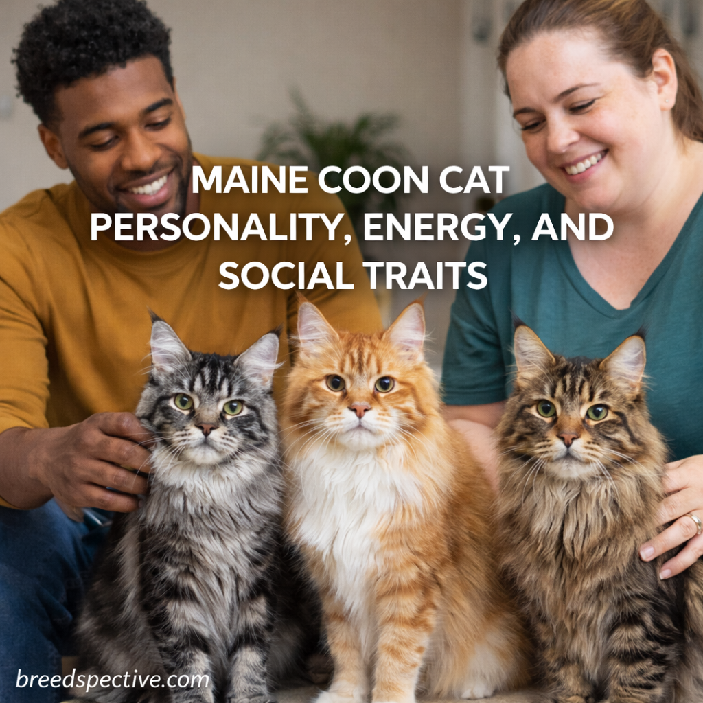 Three Maine Coon cats of different colors sitting indoors with two people, illustrating the breed’s friendly personality, moderate energy level, and social nature.