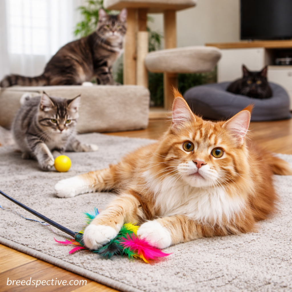 Maine Coon cats of different ages and colors playing and relaxing indoors, showing the breed’s social personality and moderate energy level.