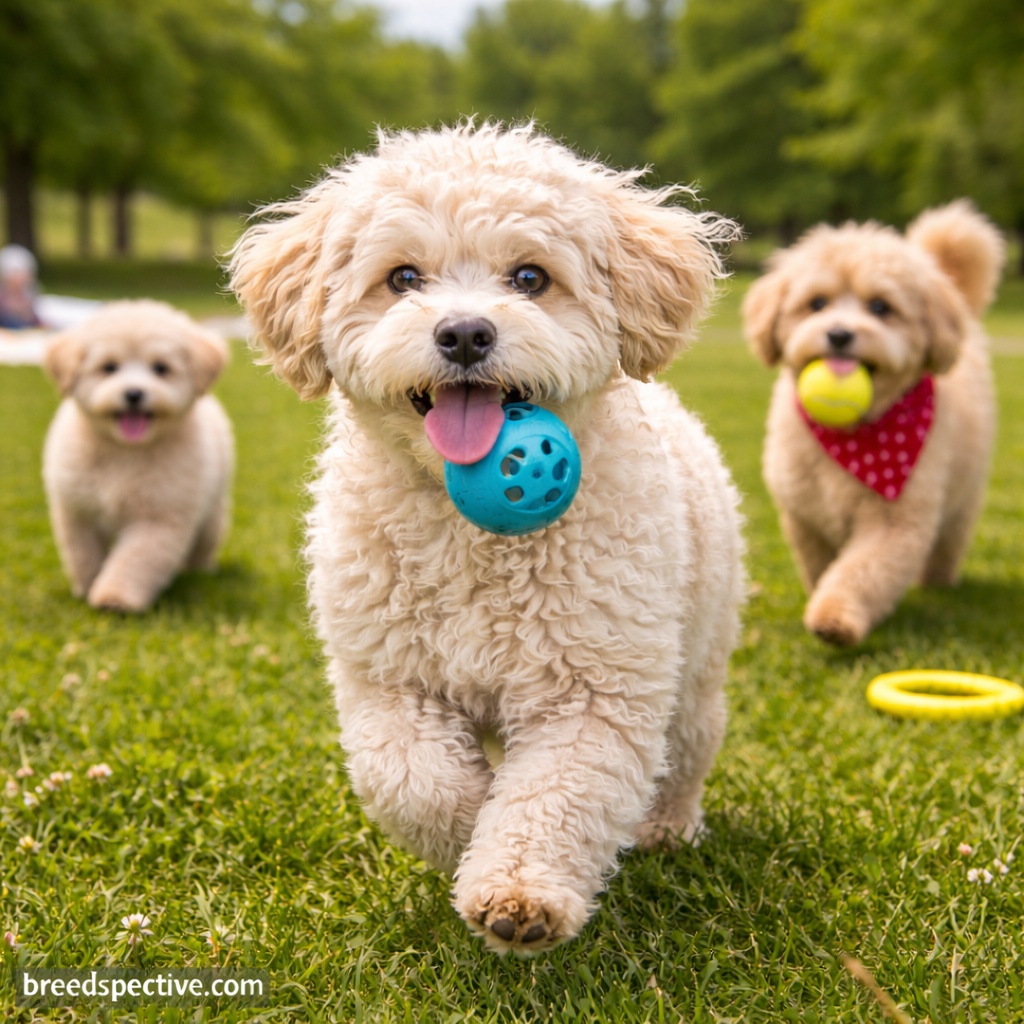 Maltipoo dogs of different ages running and playing outdoors, showing the breed’s exercise needs.