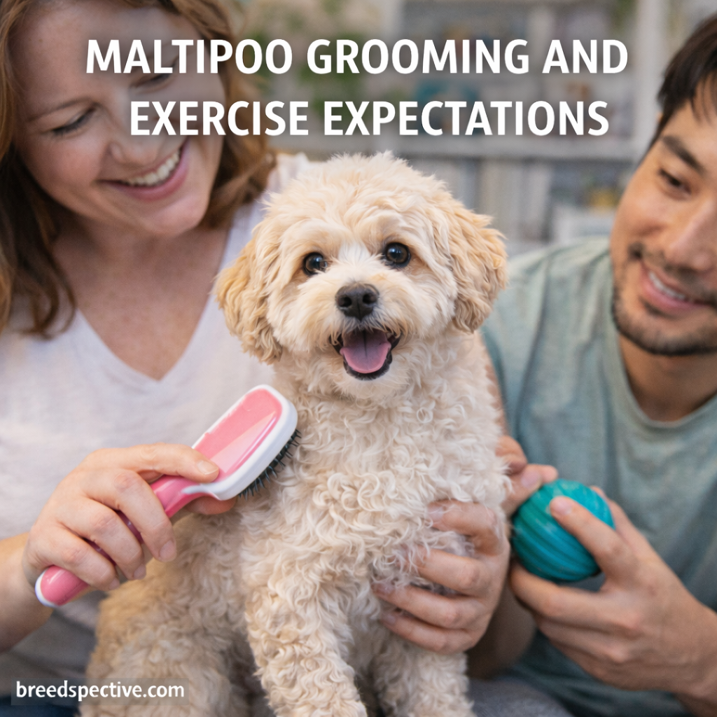 Maltipoo being brushed indoors while owners prepare for play, showing grooming and exercise needs.