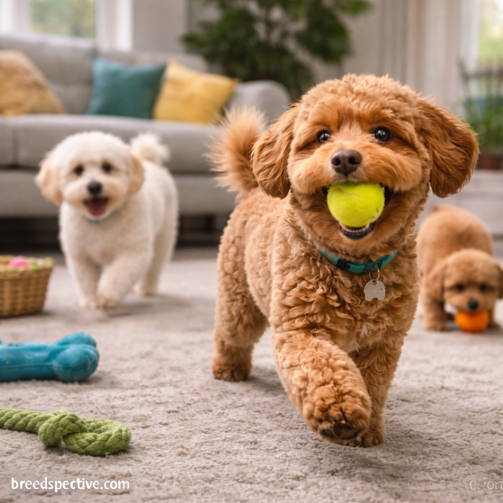 Maltipoo dogs of different ages playing indoors, showing the breed’s playful and social behavior traits.