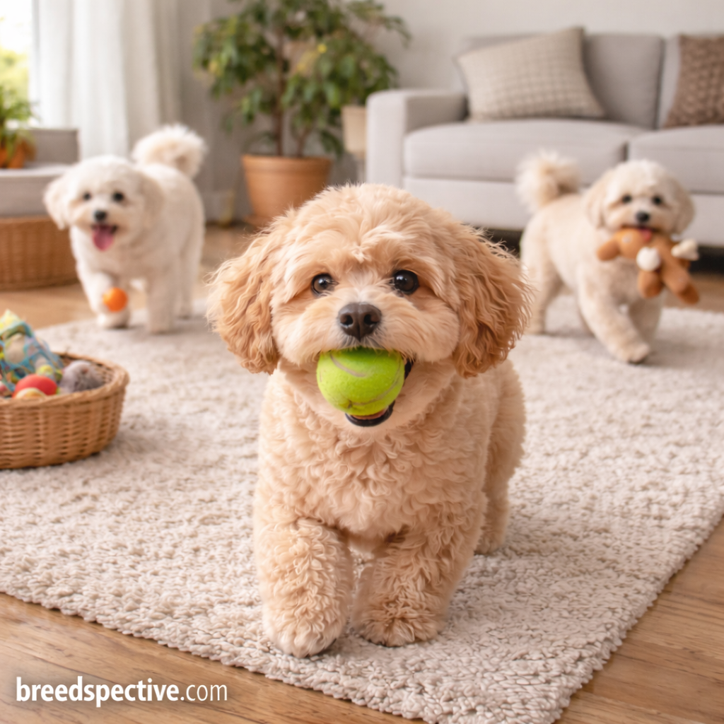 Maltipoo dogs playing indoors with toys, showing playful temperament and friendly behavior.