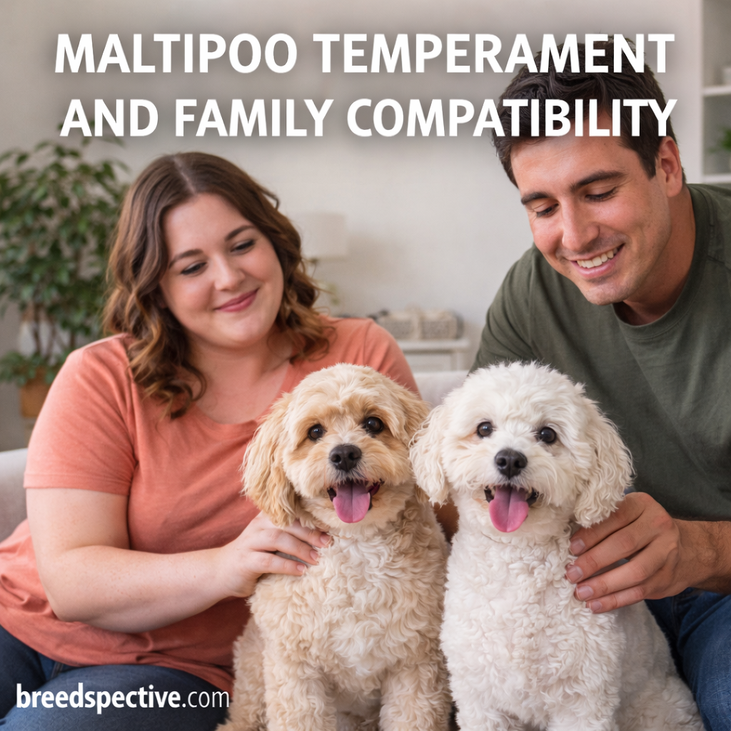Maltipoo dogs sitting with owners indoors, showing affectionate temperament and strong family compatibility.