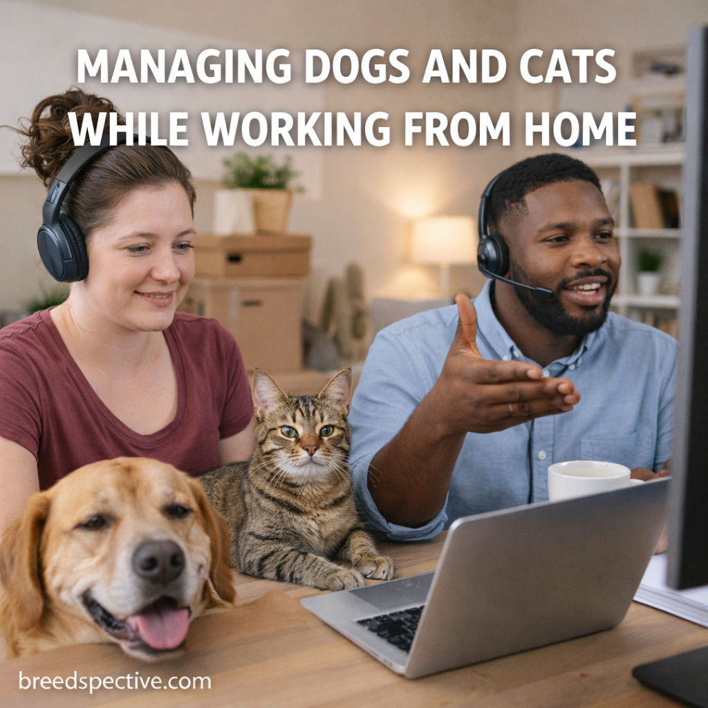 Pet owners working from home with a dog and cat nearby, showing how pets adapt to home office routines.