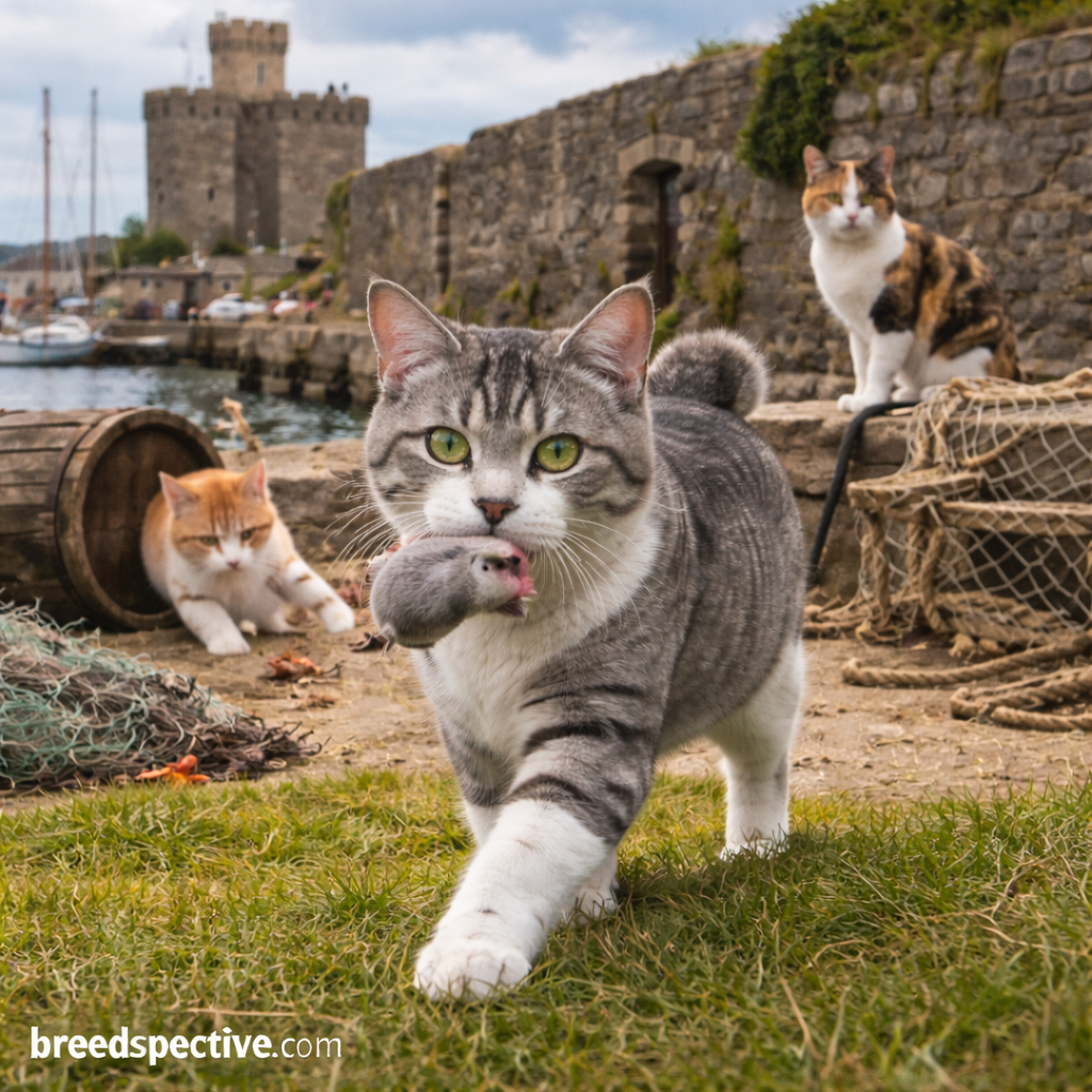 Manx cat in a coastal setting with other Manx cats nearby, reflecting the breed’s historical origins and working background.
