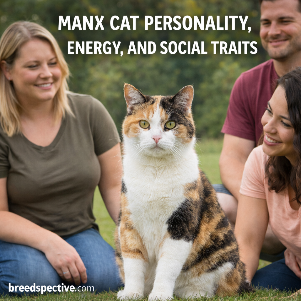 Manx cat sitting outdoors with owners, highlighting the breed’s personality, energy level, and social traits.