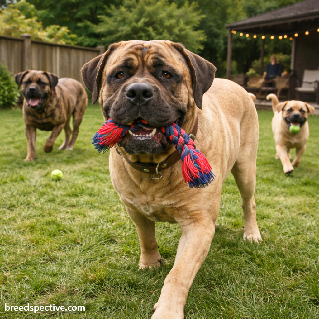 Mastiffs of different ages playing outdoors, showing how boredom and excess energy can influence behavior in the breed.