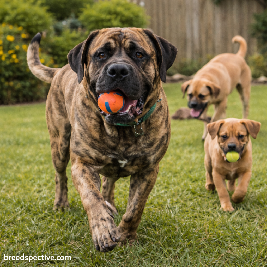 Mastiffs of different ages playing outdoors, showing the breed’s low-to-moderate energy level and gentle activity style.