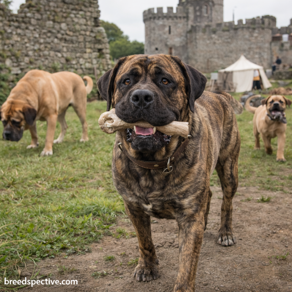 Mastiffs of different ages in a historical outdoor setting, showing the breed’s long-standing role as powerful guardian dogs.