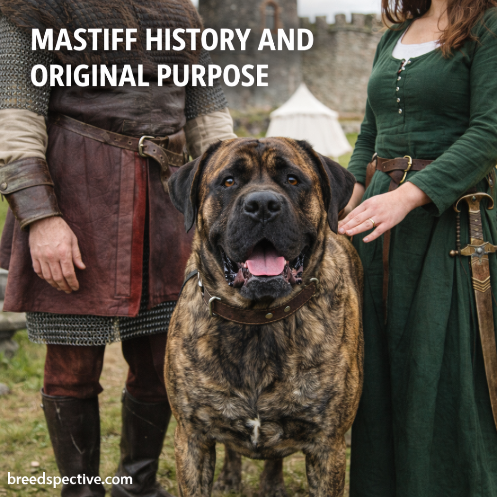 Large brindle Mastiff standing with people in a historical setting, representing the breed’s original purpose as a guardian dog.