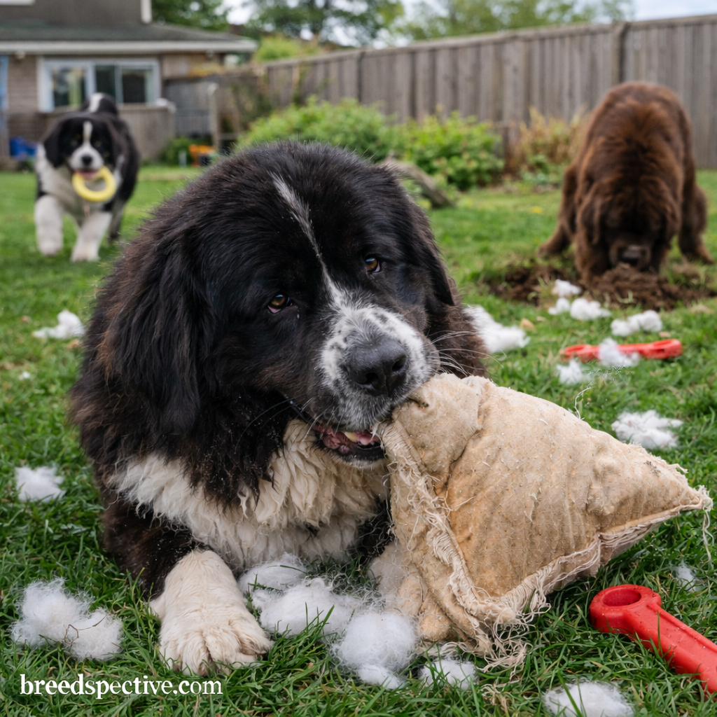 Newfoundland dog chewing a torn pillow while other Newfoundland dogs play and dig in a backyard.