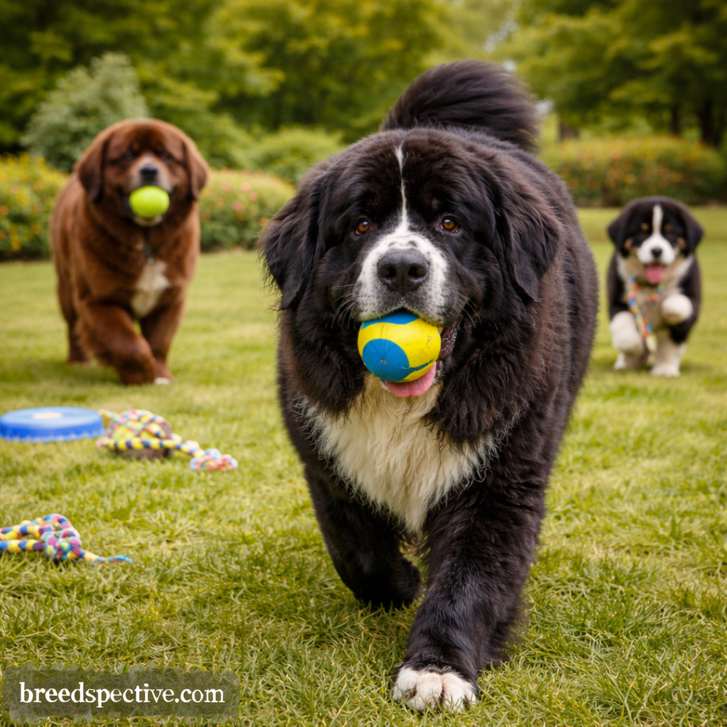Newfoundland dog carrying a ball while other Newfoundland dogs of different ages play in a grassy park.