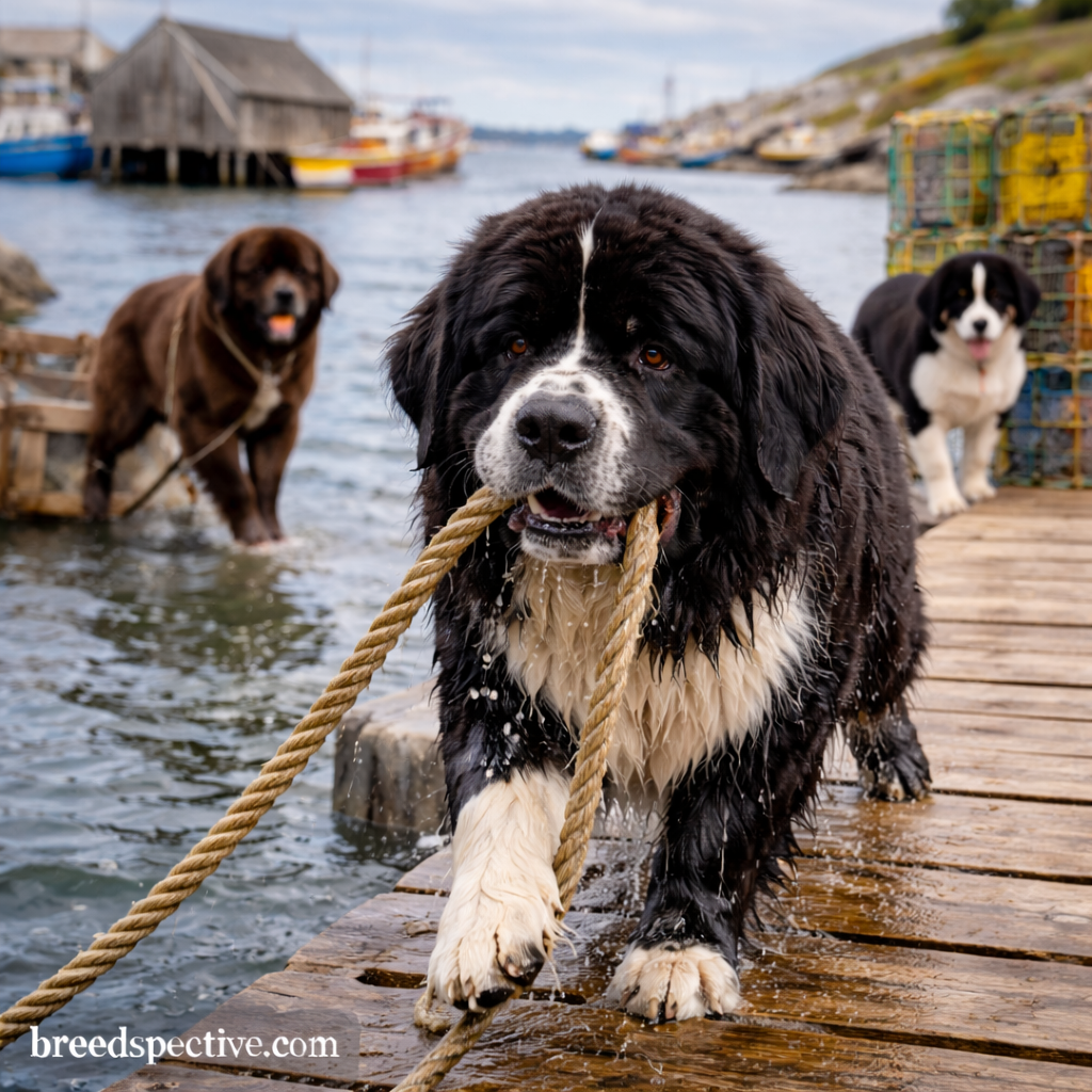 Newfoundland dog pulling a rope from the water on a fishing dock while other Newfoundland dogs work nearby.