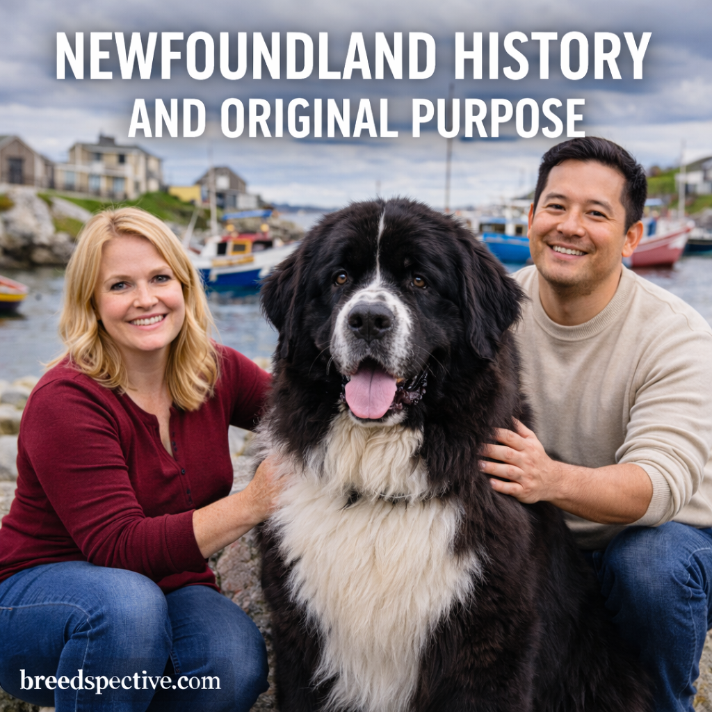Newfoundland dog sitting by a coastal harbor with owners, representing the breed’s historical working role in fishing communities.