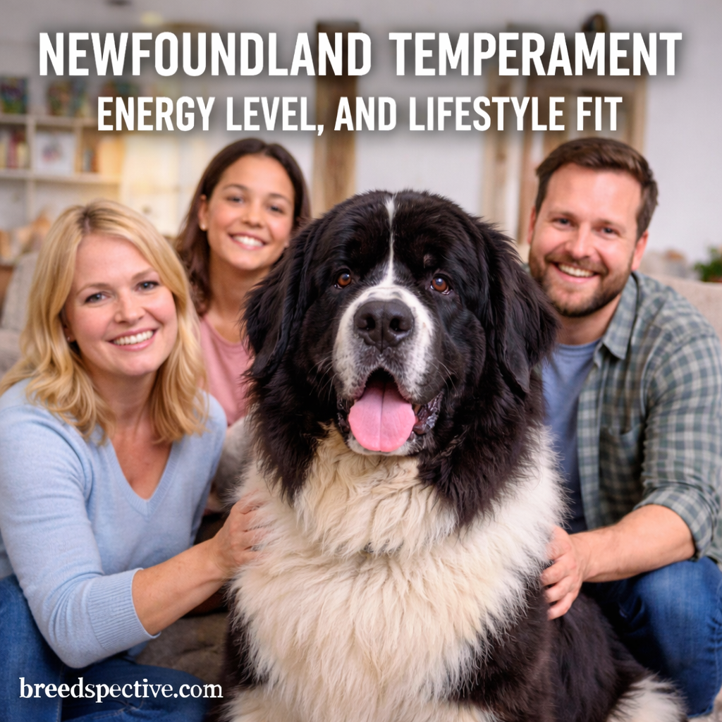 Newfoundland dog sitting indoors with family members, illustrating the breed’s gentle temperament and family-friendly nature.