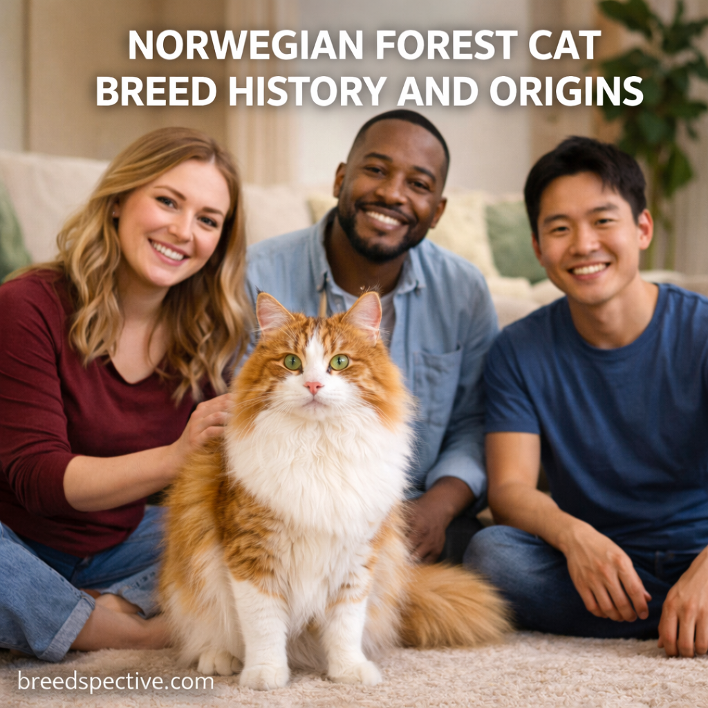 Norwegian Forest Cat with thick coat and green eyes sitting with diverse owners indoors, representing the breed’s ancient history and natural origins.