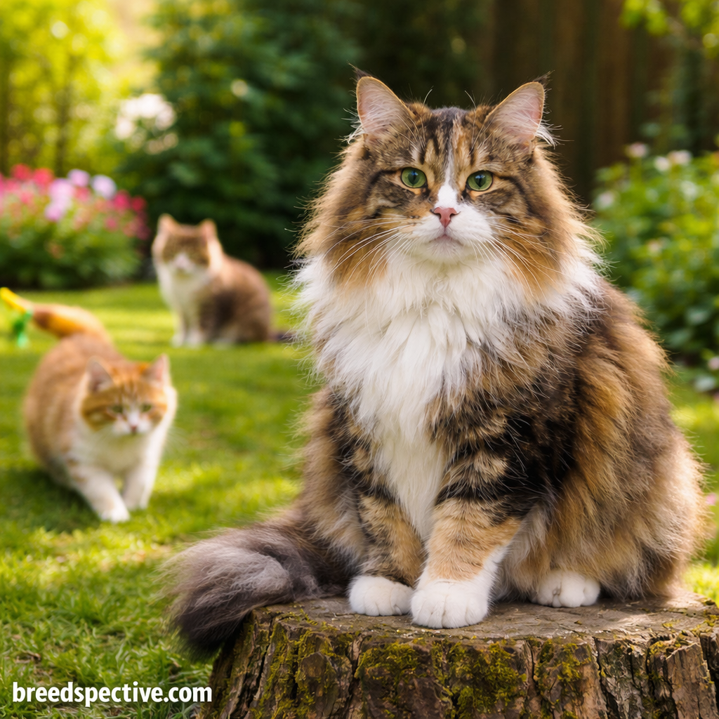 Adult Norwegian Forest Cat with a thick double coat sitting outdoors while younger cats play in the background, showing natural shedding and coat condition.