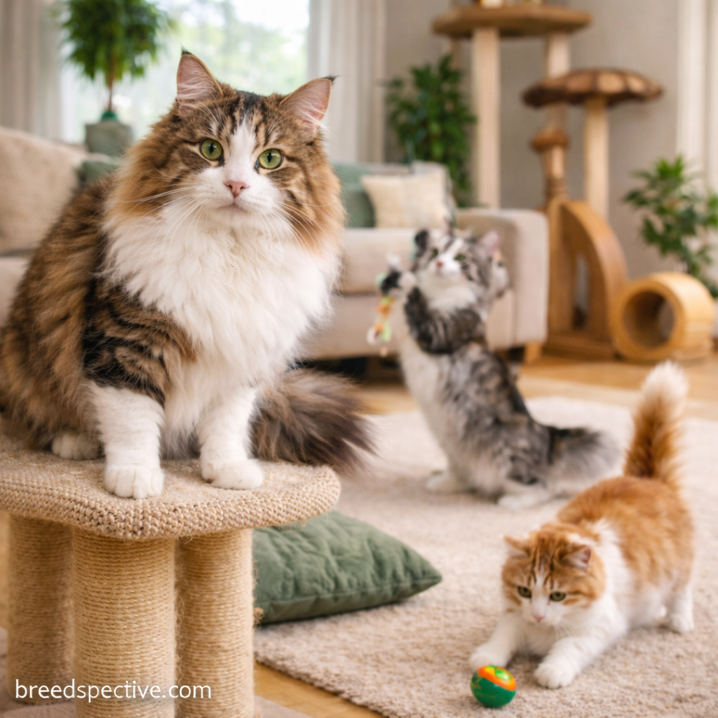 Norwegian Forest Cats of different ages playing indoors with toys, showing the breed’s athletic movement, climbing instincts, and balanced energy level.