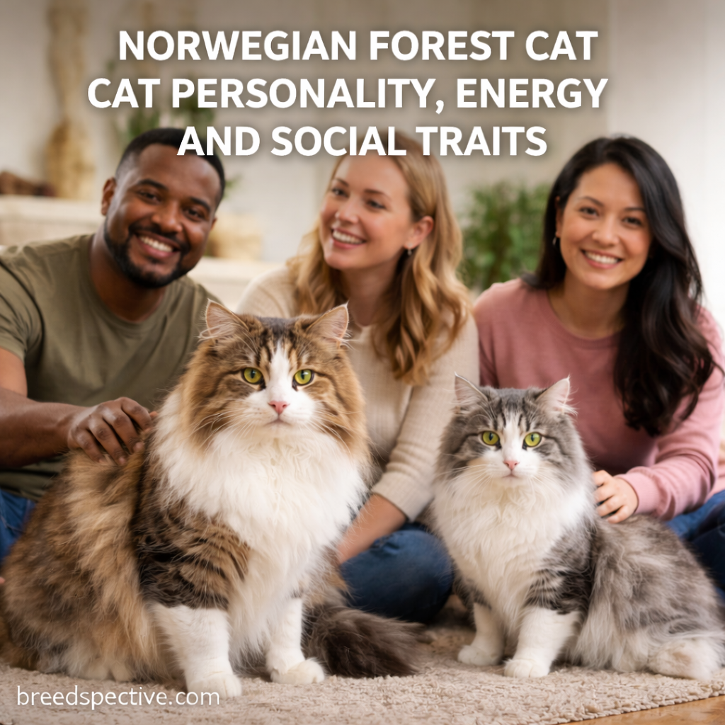 Norwegian Forest Cats with thick coats and bushy tails sitting calmly with diverse owners indoors, showing the breed’s gentle personality and social traits.