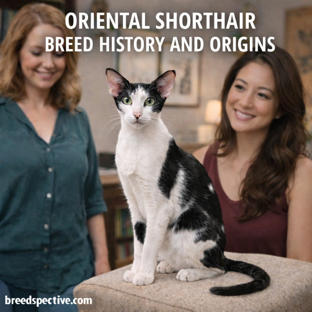 An Oriental Shorthair cat symbolizing the breed’s evolution from ancient Southeast Asian roots to a modern, people-oriented companion. breedspective.com.