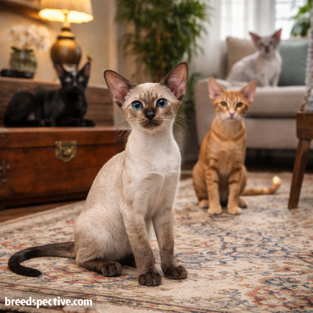 Oriental Shorthair cats of different ages relaxing together indoors, showing diverse coat colors and the refined body type developed through selective breeding.