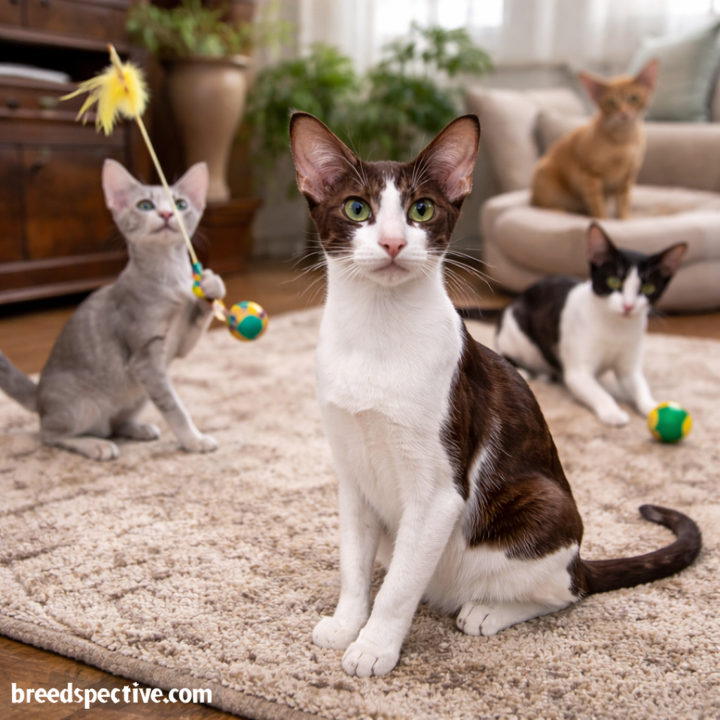 Oriental Shorthair cats of different ages playing indoors, showing sleek short coats, healthy skin, and low-shedding grooming needs.