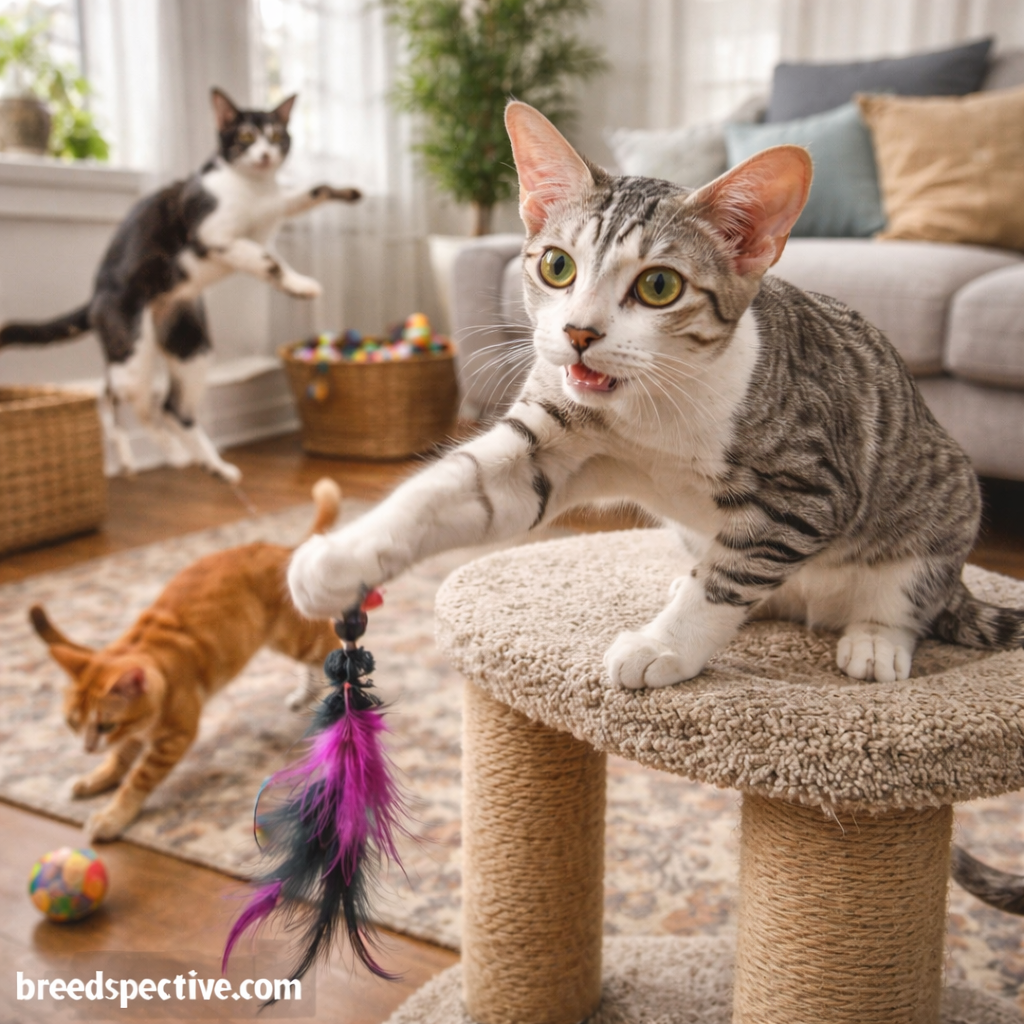 Oriental Shorthair cats of different ages playing energetically indoors with toys, showing high energy levels, intelligence, and strong social interaction.