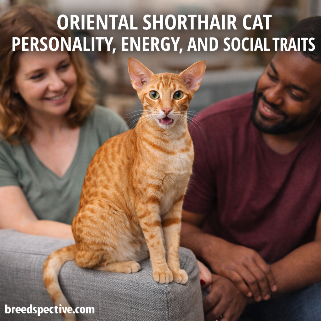 Oriental Shorthair cat sitting alertly beside two adults indoors, showing expressive personality, high energy, and strong social engagement.