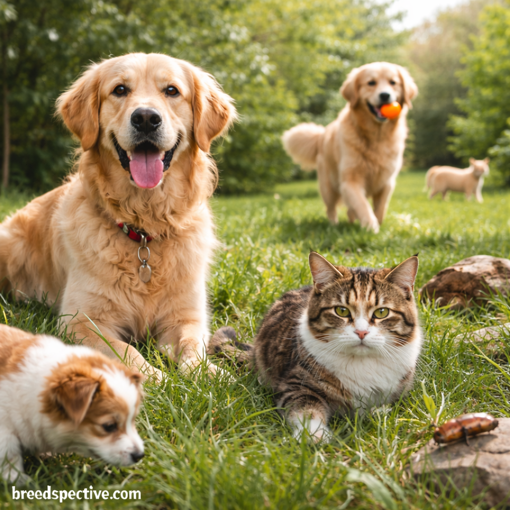Dogs and a cat spending time outdoors in grass, showing common environments where flea and tick exposure occurs during warm seasons.