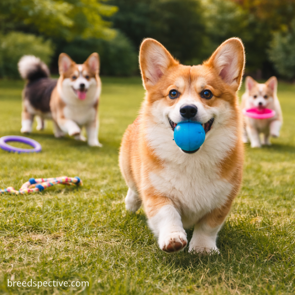 Pembroke Welsh Corgis of different ages playing and fetching in a grassy park, showing the breed’s high energy and herding stamina.
