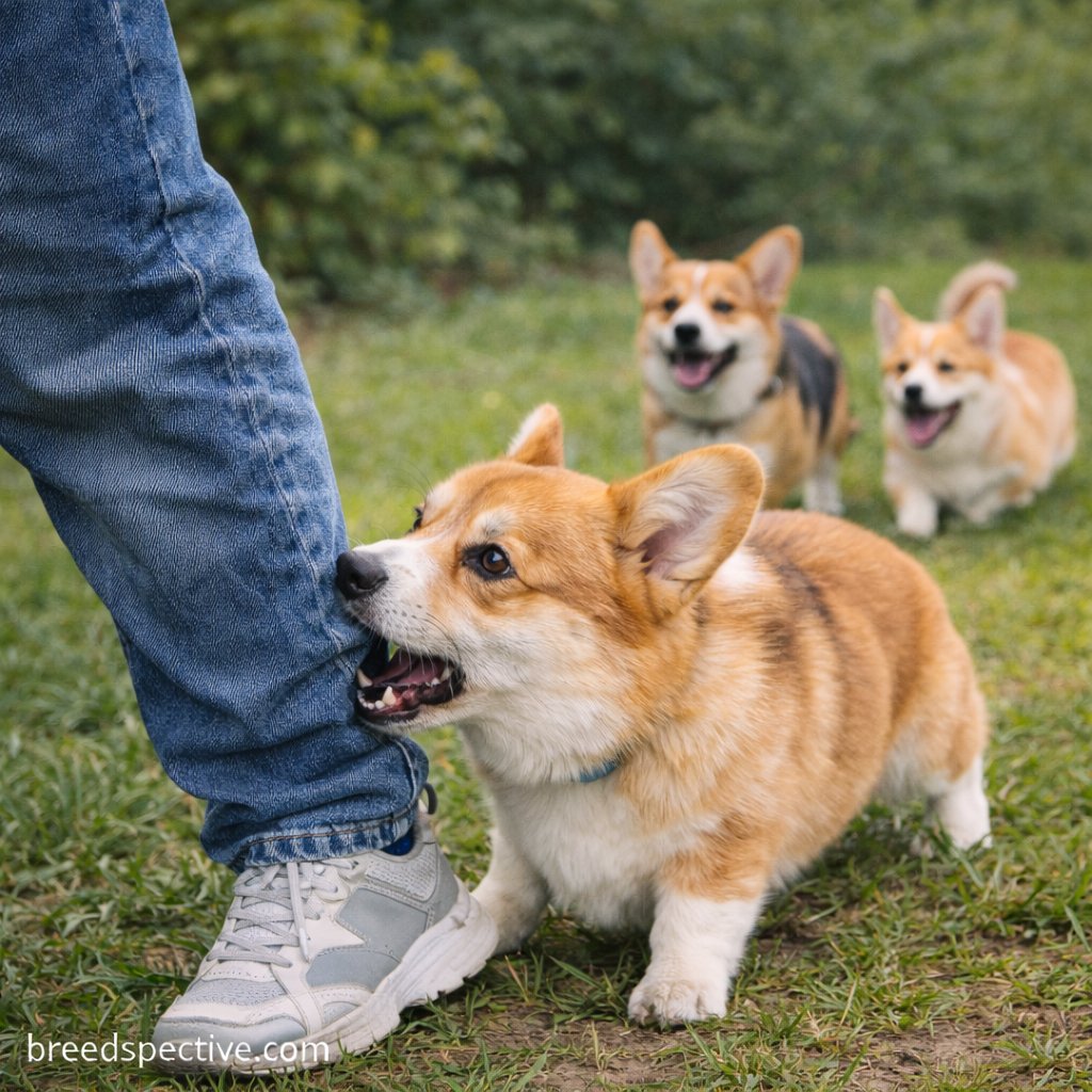 Pembroke Welsh Corgi nipping at a person’s ankle while other Corgis play nearby, showing herding-related behavioral challenges.