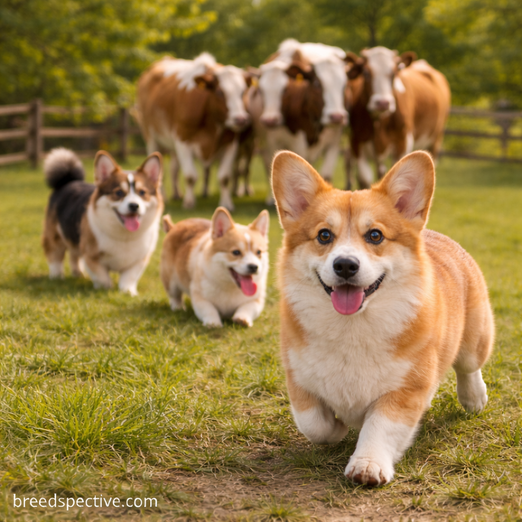 Pembroke Welsh Corgis herding cattle in a grassy pasture, demonstrating the breed’s original working purpose and herding instincts.