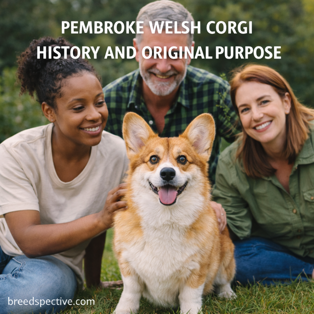 Pembroke Welsh Corgi with diverse owners outdoors, representing the breed’s history as a working herding dog.