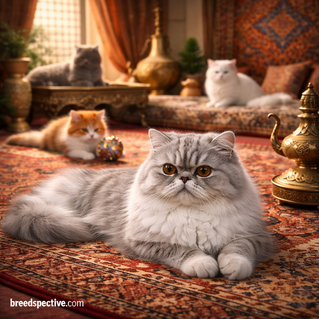 Persian cats of different ages resting and playing indoors in a traditional setting, illustrating the ancient origins of the Persian cat breed.