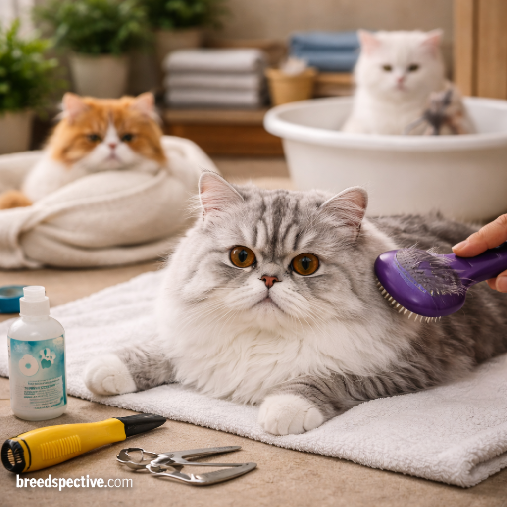 Persian cat being brushed during grooming while other Persian cats of different ages rest and play in the background.