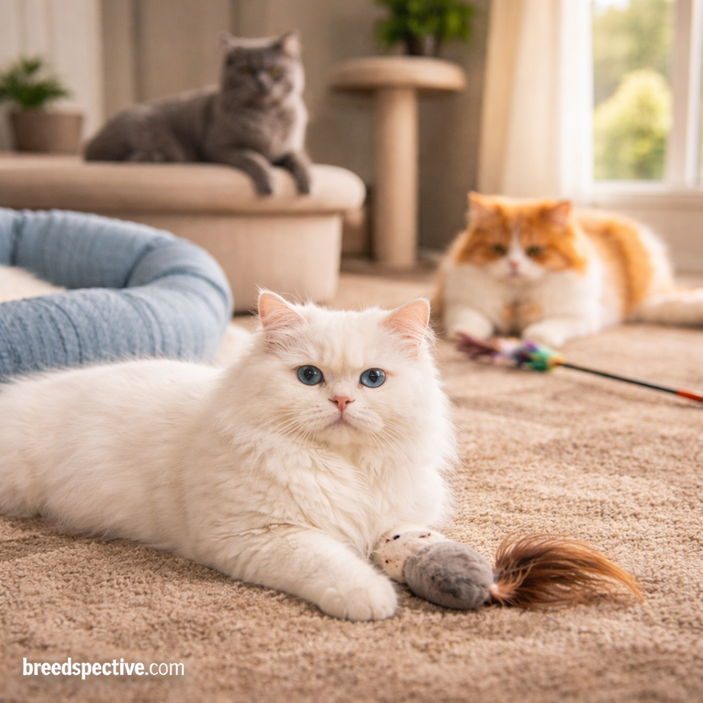 Persian cat resting indoors while other Persian cats of different ages play quietly in the background, showing the breed’s calm energy level.