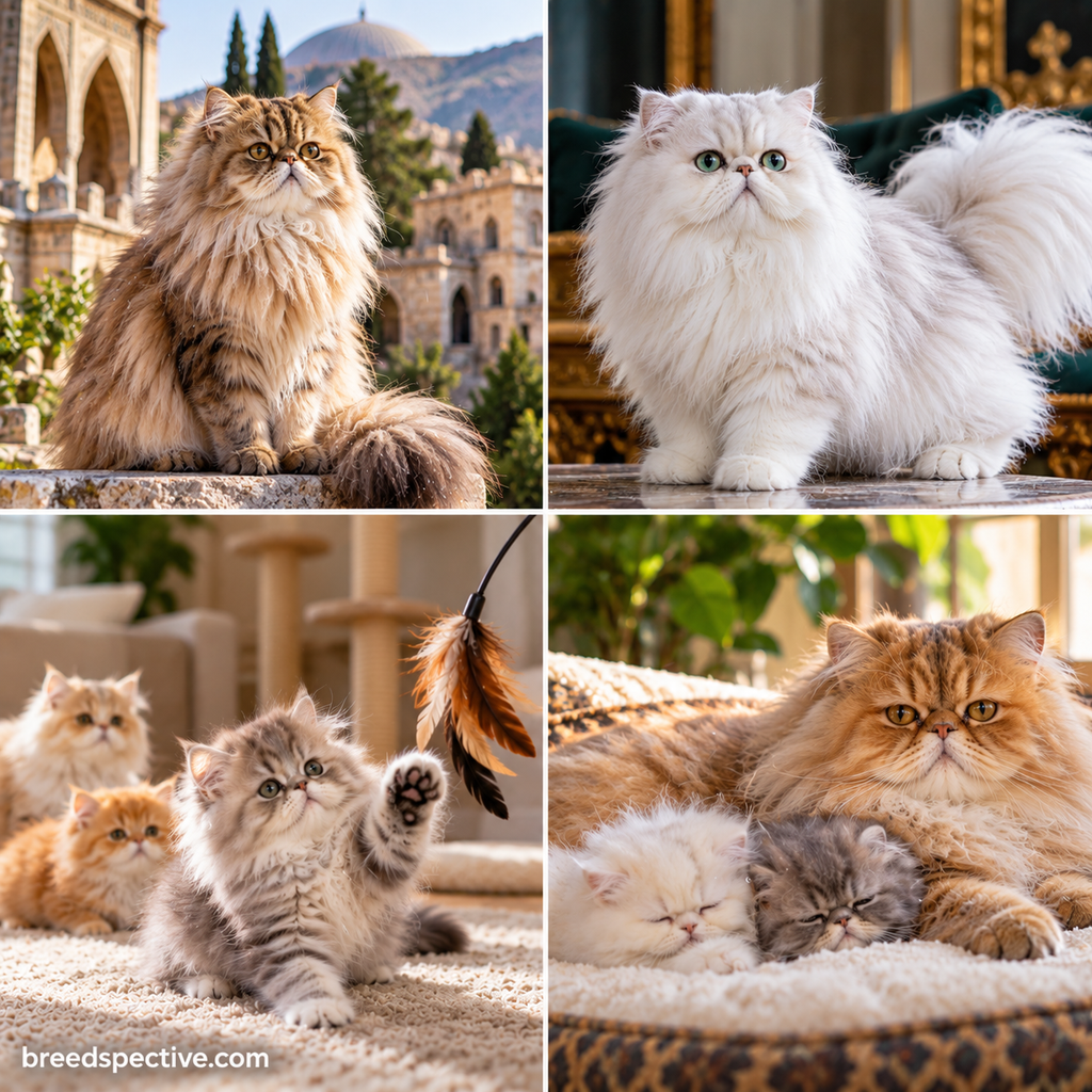 Persian cats showing their long coats, compact build, gentle play, and calm social personality