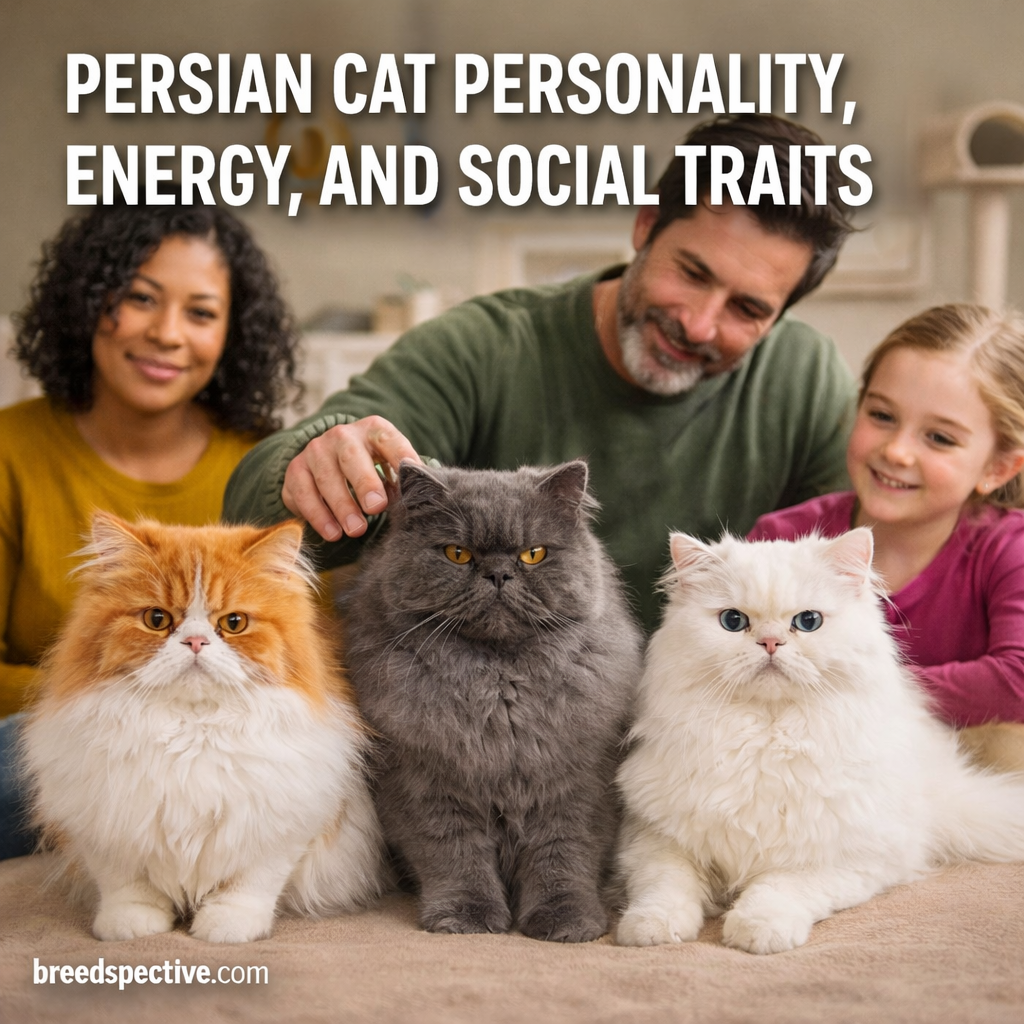 Persian cats sitting calmly with owners, illustrating the breed’s gentle personality, low energy level, and social traits.