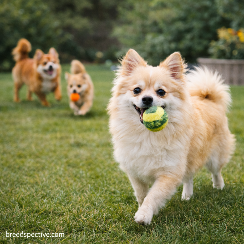 Pomchi dogs of different ages playing together outdoors, showing friendly and energetic temperament traits.
