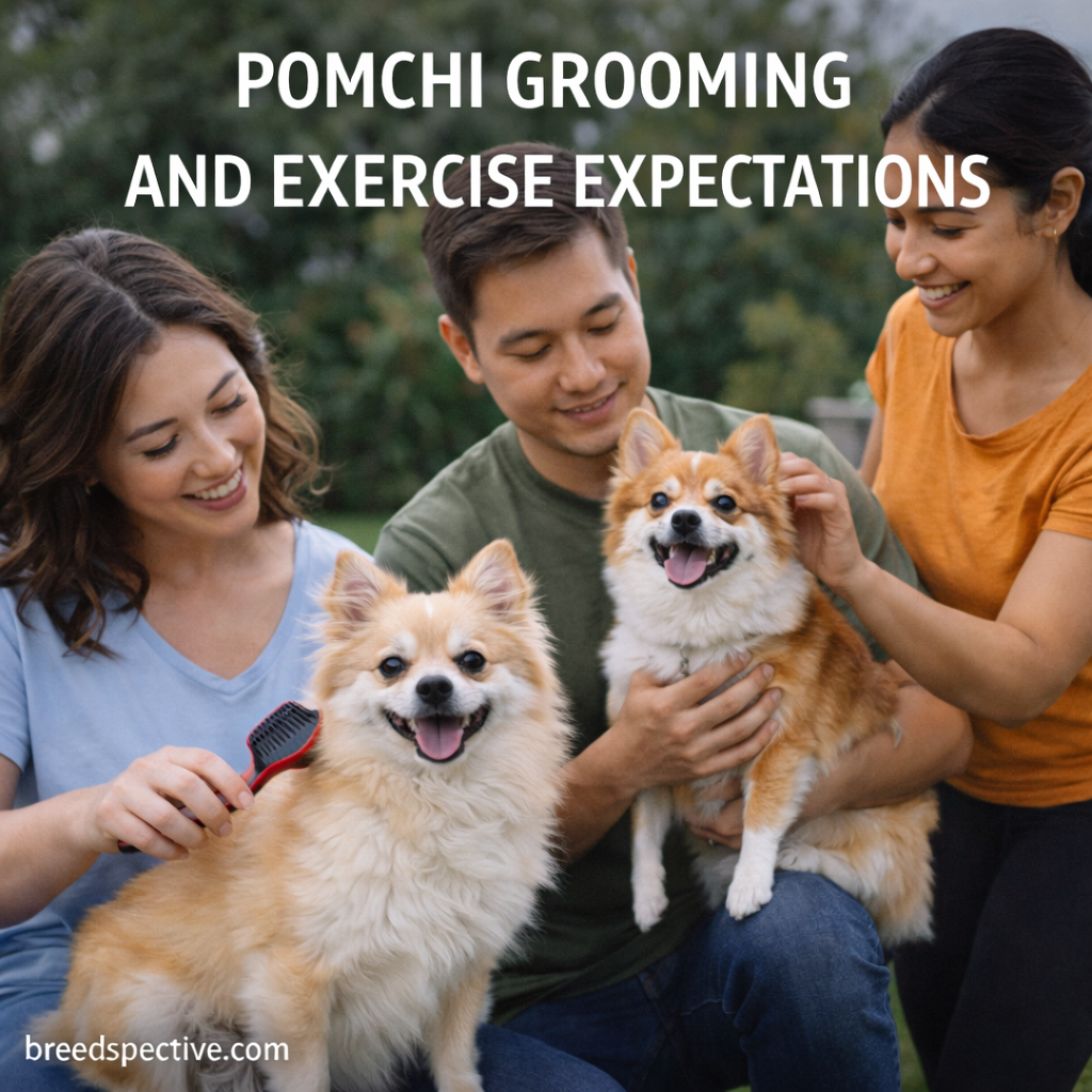 Pomchi dogs with owners demonstrating grooming routines and daily exercise expectations.