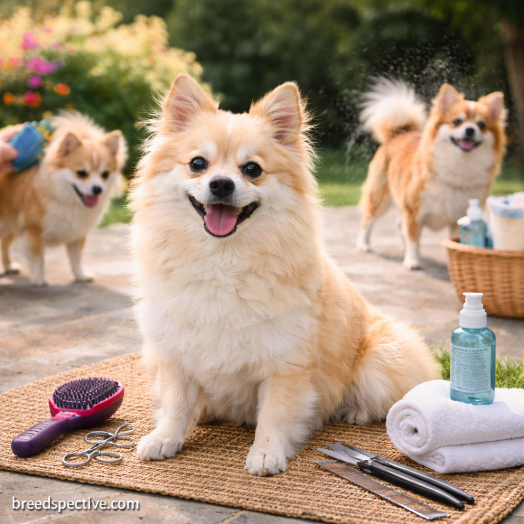 Pomchi dogs of different ages during grooming and light play outdoors.