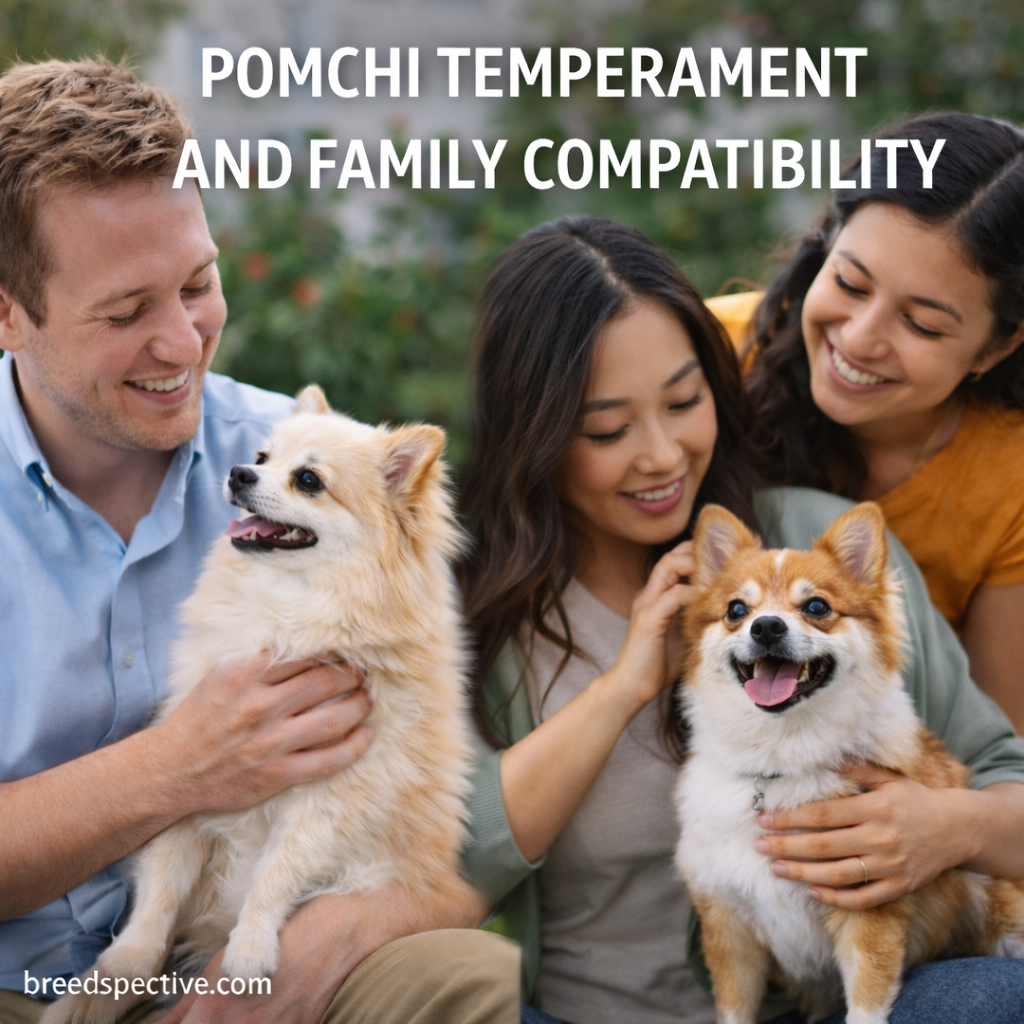 Pomchi dogs with family members illustrating temperament and family compatibility.