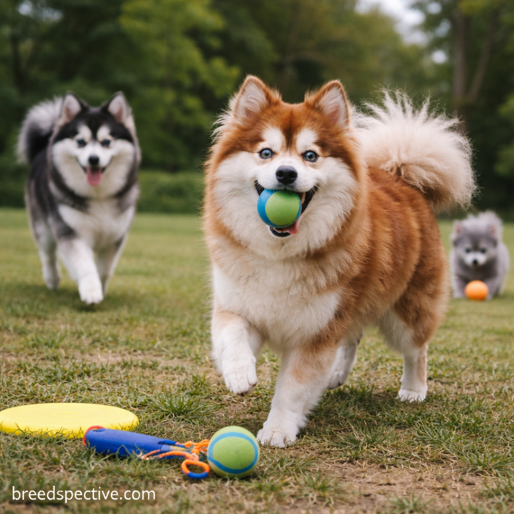 Pomskies of different ages playing fetch together in a grassy park, showing the breed’s high energy level and exercise needs.