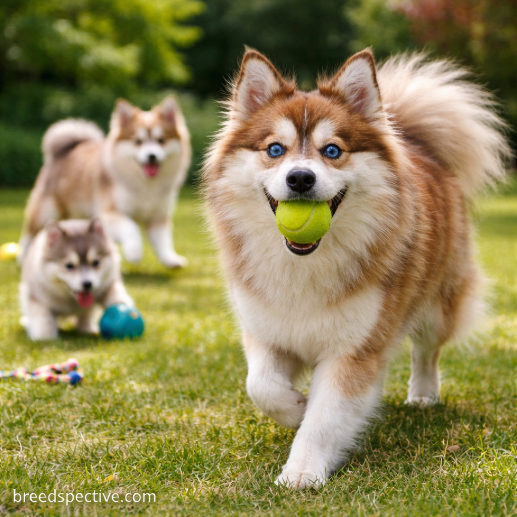 Pomsky dogs of different ages playing and fetching in a grassy park, showing the breed’s high energy and playful nature.