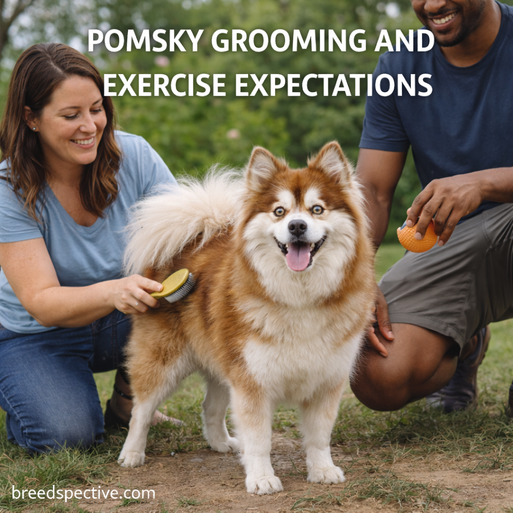 Pomsky dog with a fluffy coat standing beside diverse owners outdoors, illustrating grooming needs and an active lifestyle.
