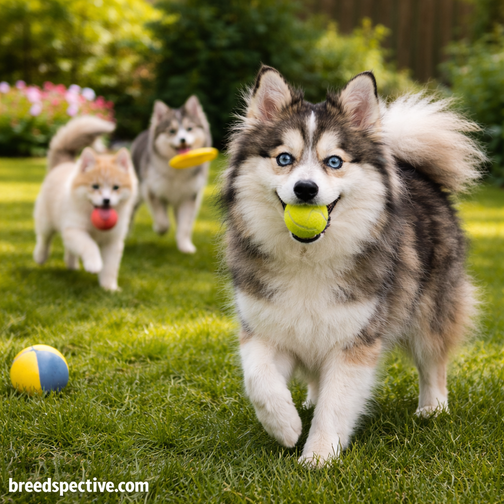 Pomsky dogs of different ages playing fetch in a grassy yard, showing high energy levels, curiosity, and social behavior.