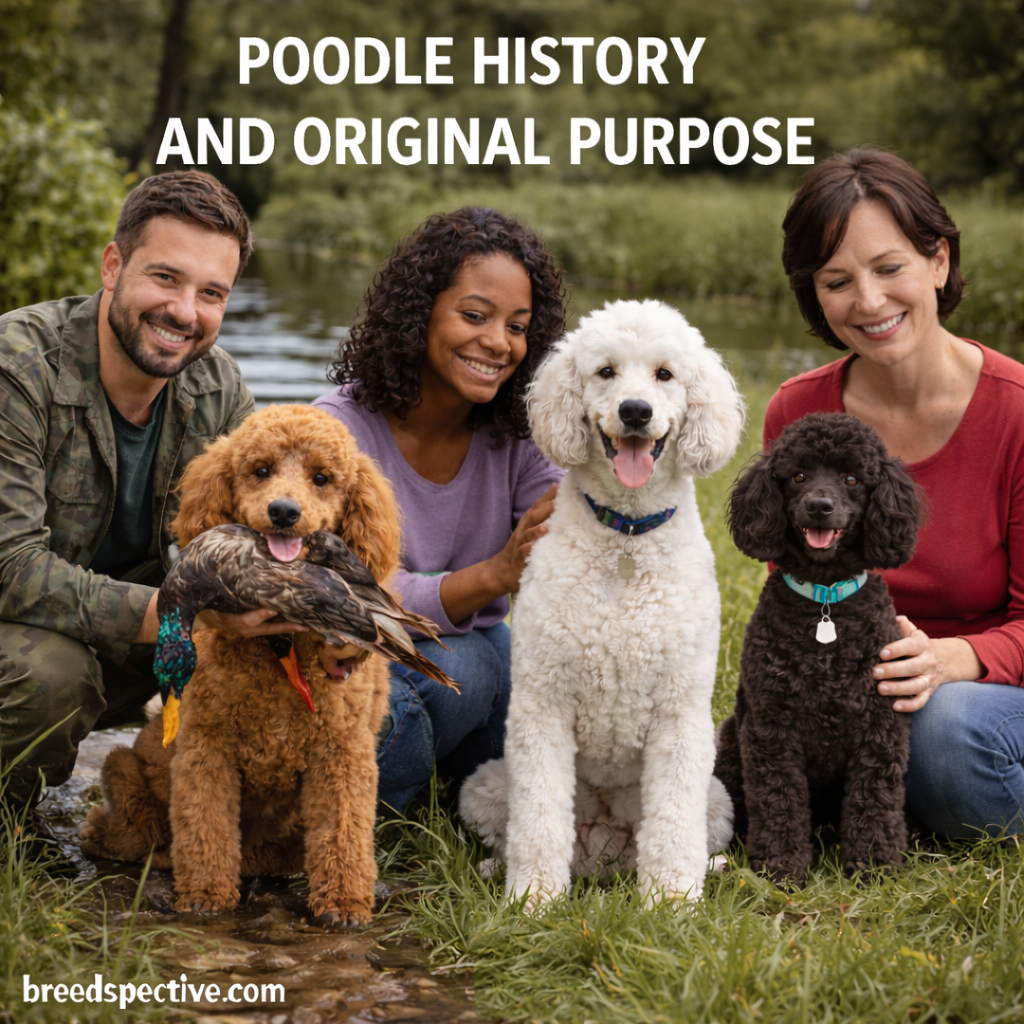 Poodles of different sizes with their owners outdoors near water, reflecting the breed’s history as intelligent water retrievers and versatile working dogs.
