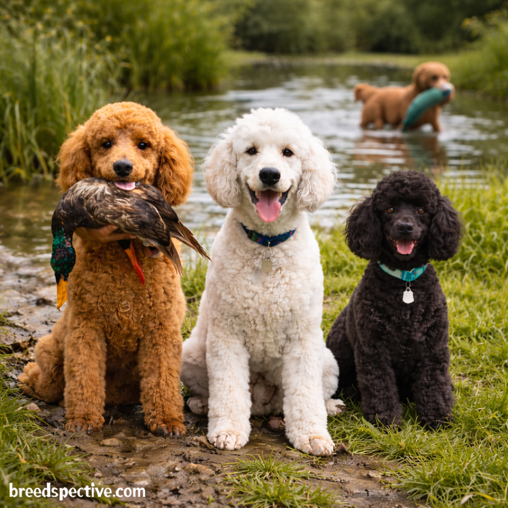Poodles of different sizes retrieving ducks and training dummies near water, highlighting the breed’s original role as skilled water retrievers.