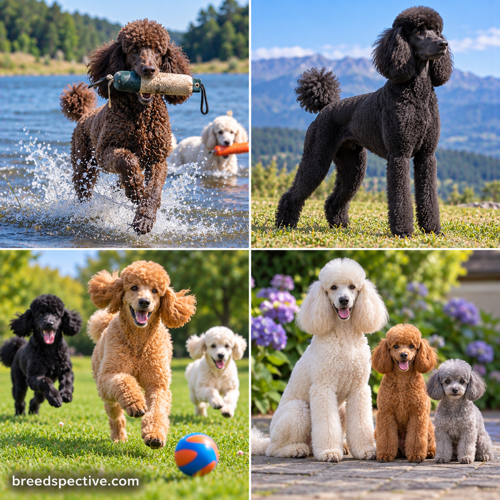 Poodles of different colors and sizes retrieving from water, displaying their athletic build, running, and playing outdoors.