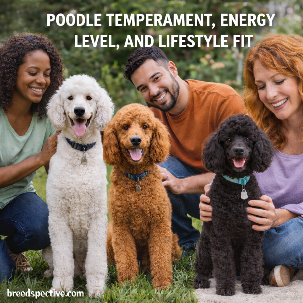 Poodles of different sizes sitting with their owners outdoors, illustrating the breed’s friendly temperament, intelligence, and adaptable energy levels.